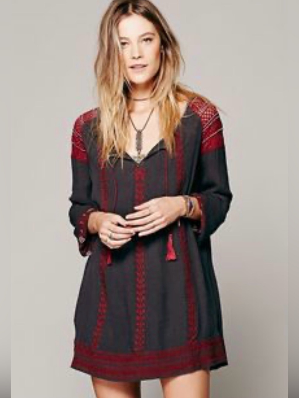 Free People Embroidered Boho Mini Dress XS Burgundy Charcoal Tassel